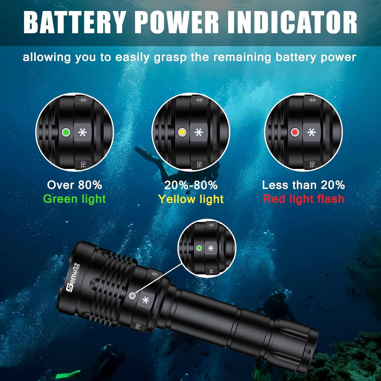 Genwiss Dive Lights Scuba Diving, 5 Modes Rechargeable Underwater Flashlight, 80M Waterproof Dive Flashlight with Battery and Charger for Snorkeling