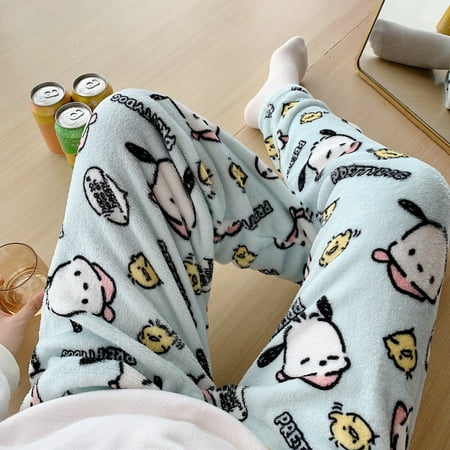 

Kawaii Sanrios Hello Kitty Pajamas Pants Cartoon Black White Cute Women Soft Plush Thickening Trousers Clothes Female Casual