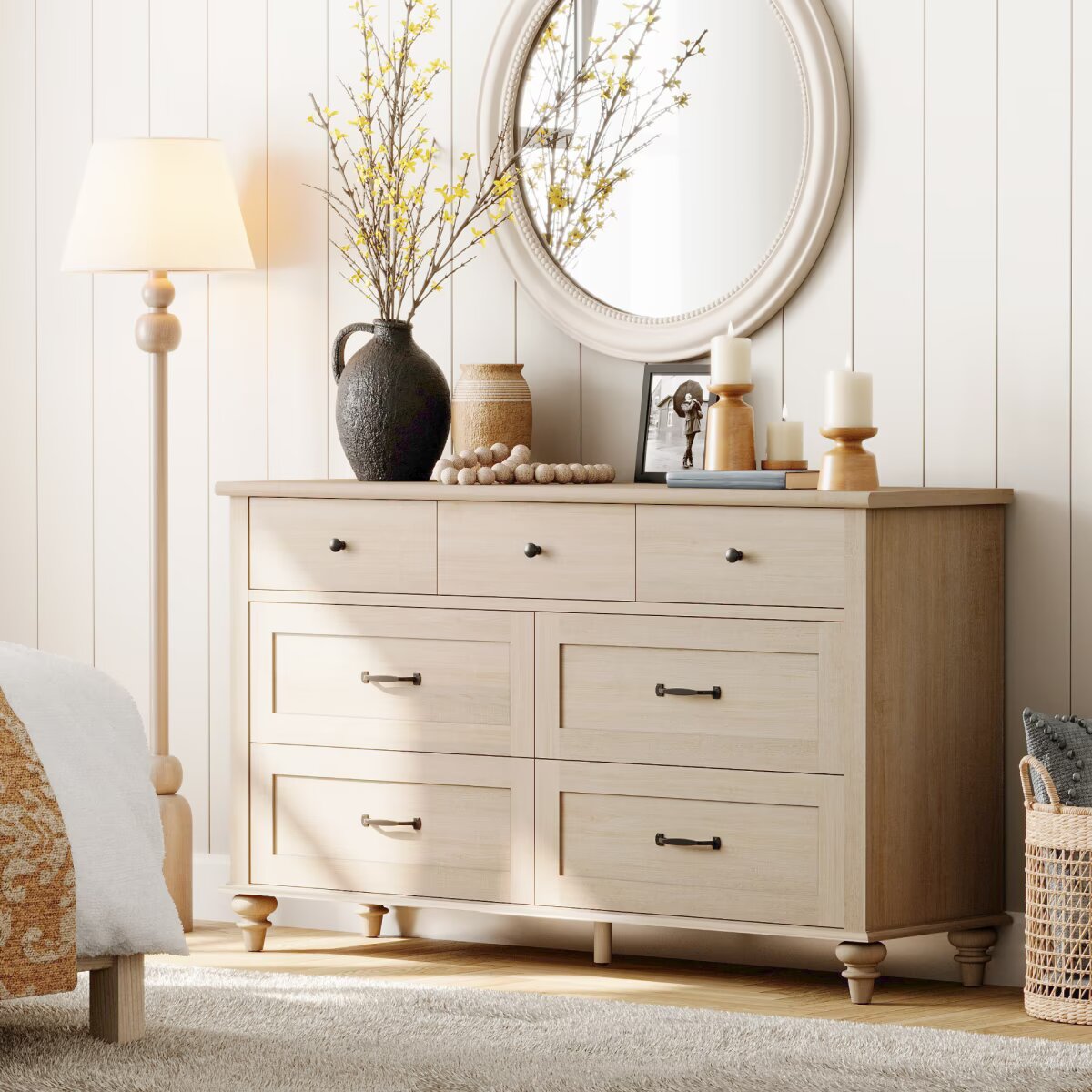 Farmhouse Dresser with 7 Drawers, Wooden Kids Dresser for Kids Room Living Room, Light Oak