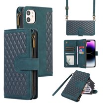 Dteck for iPhone 11 Case, iPhone 11 Wallet Case with 9 Card Slots, PU Leather Magnetic Flip Zipper Purse Wristlet Strap Crossbody Lanyard Kickstand Phone Case 6.1 Inch,Green
