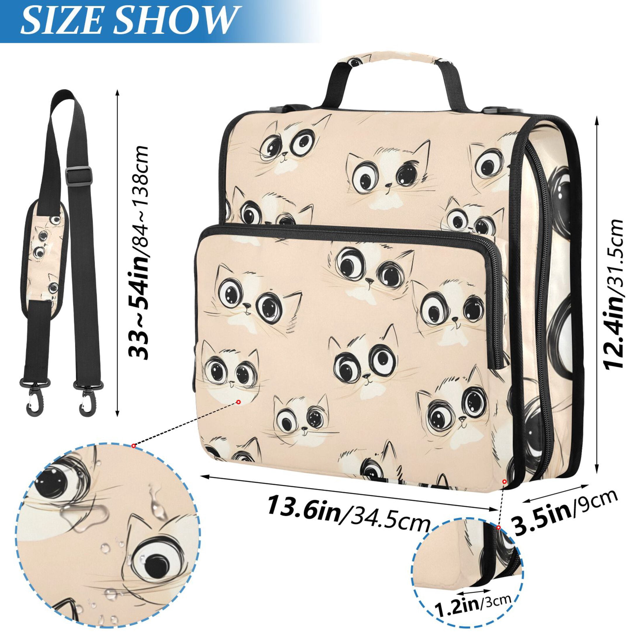 3 Ring Zipper Binder with Shoulder Strap Waterproof Trapper Keeper 2 Inch D-Ring 500 Sheets Capacity Cartoon Cute Cat Eye