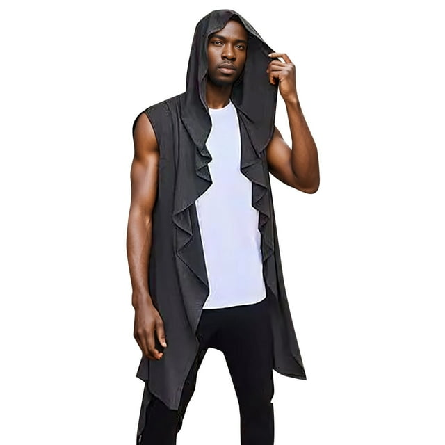 Huanglei Men's Ruffle Jacket Long Hooded Sleeveless Scarf Collar Cardigan Draped Plain Lightweight Cape Coat