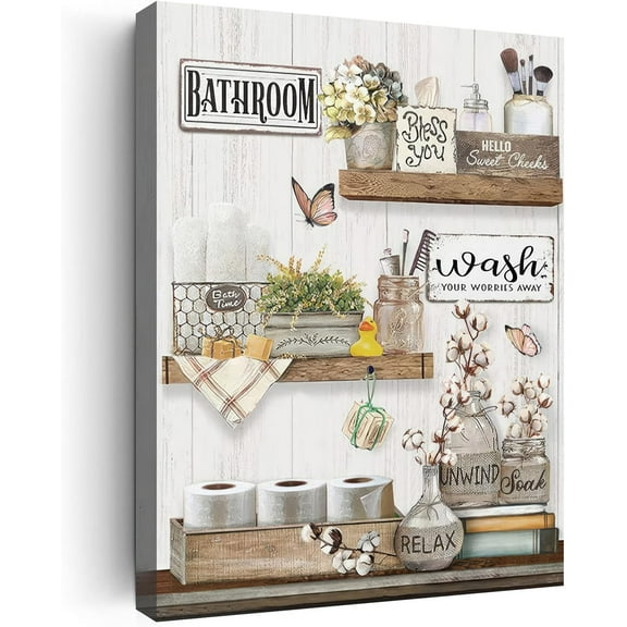 Pink Bathroom Wall Art Prints Please Seat Yourself Sign Painting Wall Decor Vintage Flower Jars Wall Art Farmhouse Bathroom Artwork Modern Home Decor for Bathroom Framed Ready to Hang 16x20in