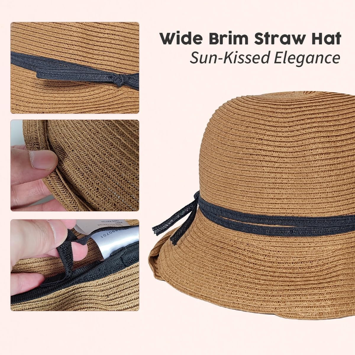 Kukuzhu Straw Bonnet Hat for Women, Wide Brim Foldable Packable Sun Bucket Hat UPF50+ Summer Beach Cap for Travel Outdoor