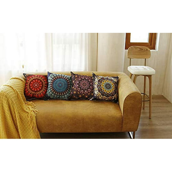 Jartinle Set of 4 Retro Floral Mandala Compass Medallion Bohemian Boho Style Summer Decor Cushion Case Decorative for Sofa Couch 18" x 18" Inch Cotton Line (Mandala Pattern)