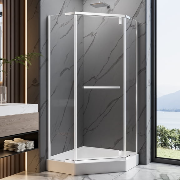 36"D X 36"W X 72"H Neo-Angle Shower Door, 1/4" Tempered Glass With Explosion-Proof Film, Chrome Stainless Steel Frame