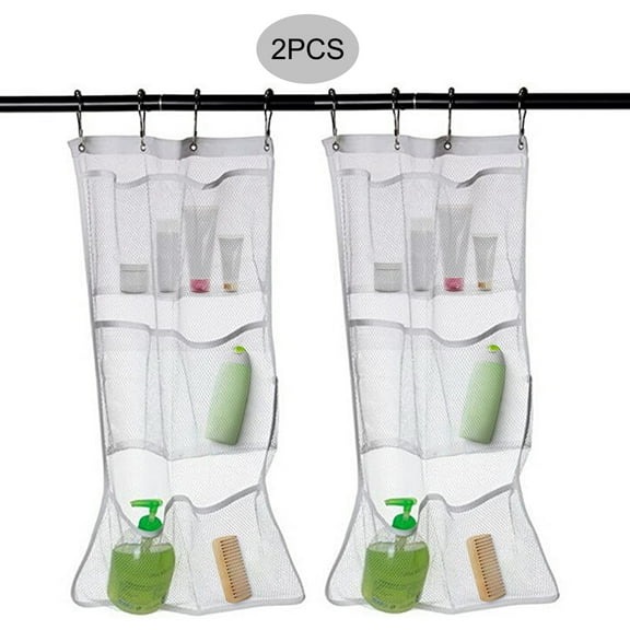 Tripumer 2Pcs Hanging Mesh Pockets Bath Shower Storage Bag Mesh Shower Organizer Hanging with 6 Pocket and 4 Rings for Soaps Shampoo White