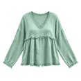thumbnail image 4 of Women's Plus Size Long Sleeved V Neck T Shirts Causal Loose Fit Solid Tops Ladies Fall Ruffle Hem Going out Tees Green02 S, 4 of 5