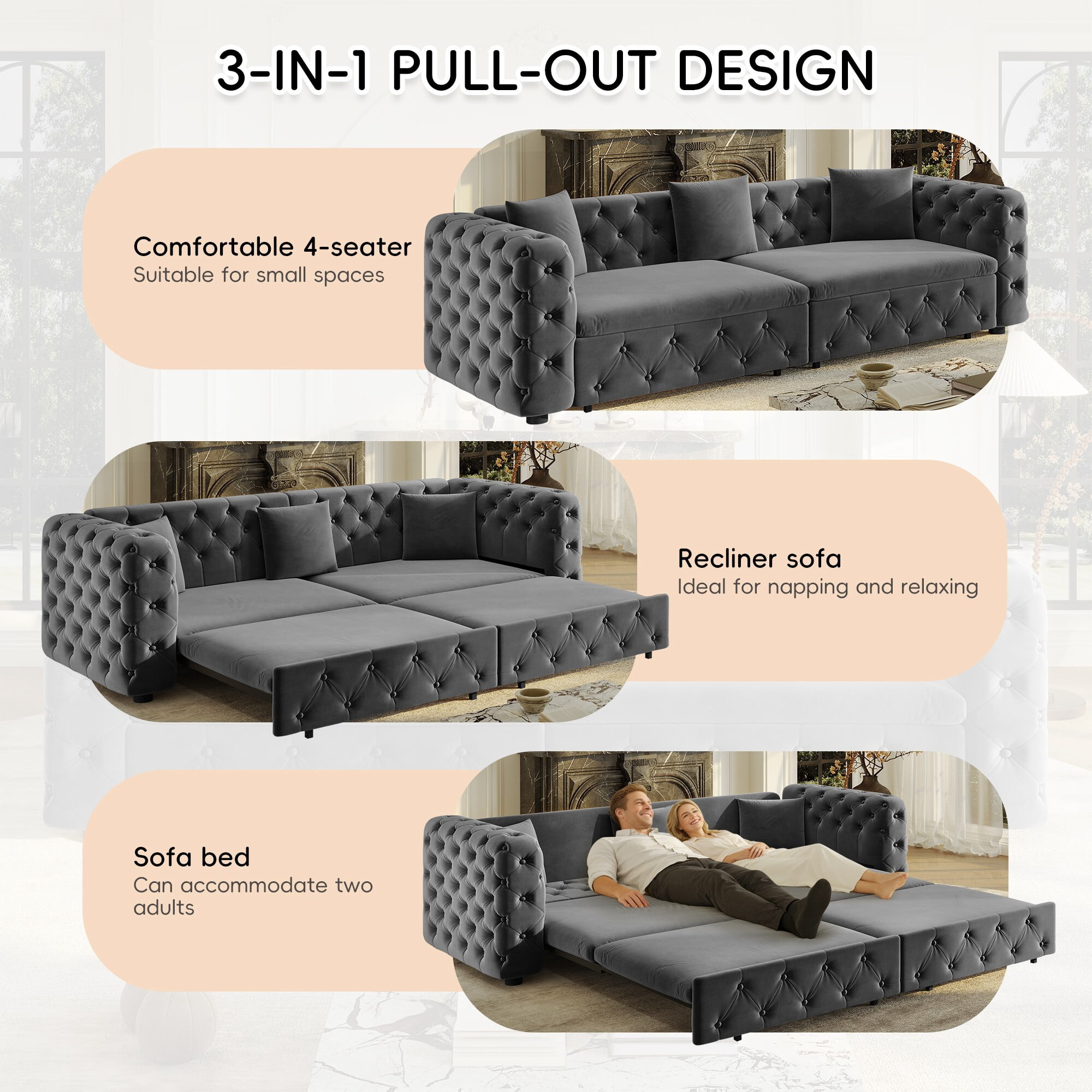 DEALTOPS 89 Inch Chesterfield Tufted Velvet 3 in 1 Pull Out Sofa Bed, 4 Seater Tuxedo Living Room Couch, Gray