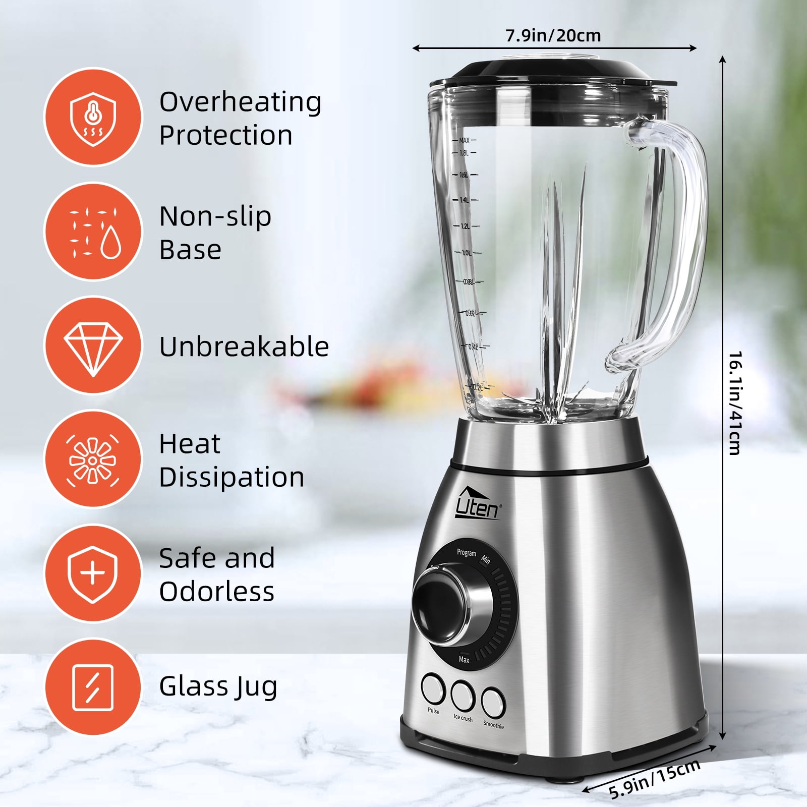Uten Glass Blender for Kitchen, 18 Speed Countertop Blender with 63oz Glass Jar, Professional Smoothie with 6-Leaf Stainless Steel Blade