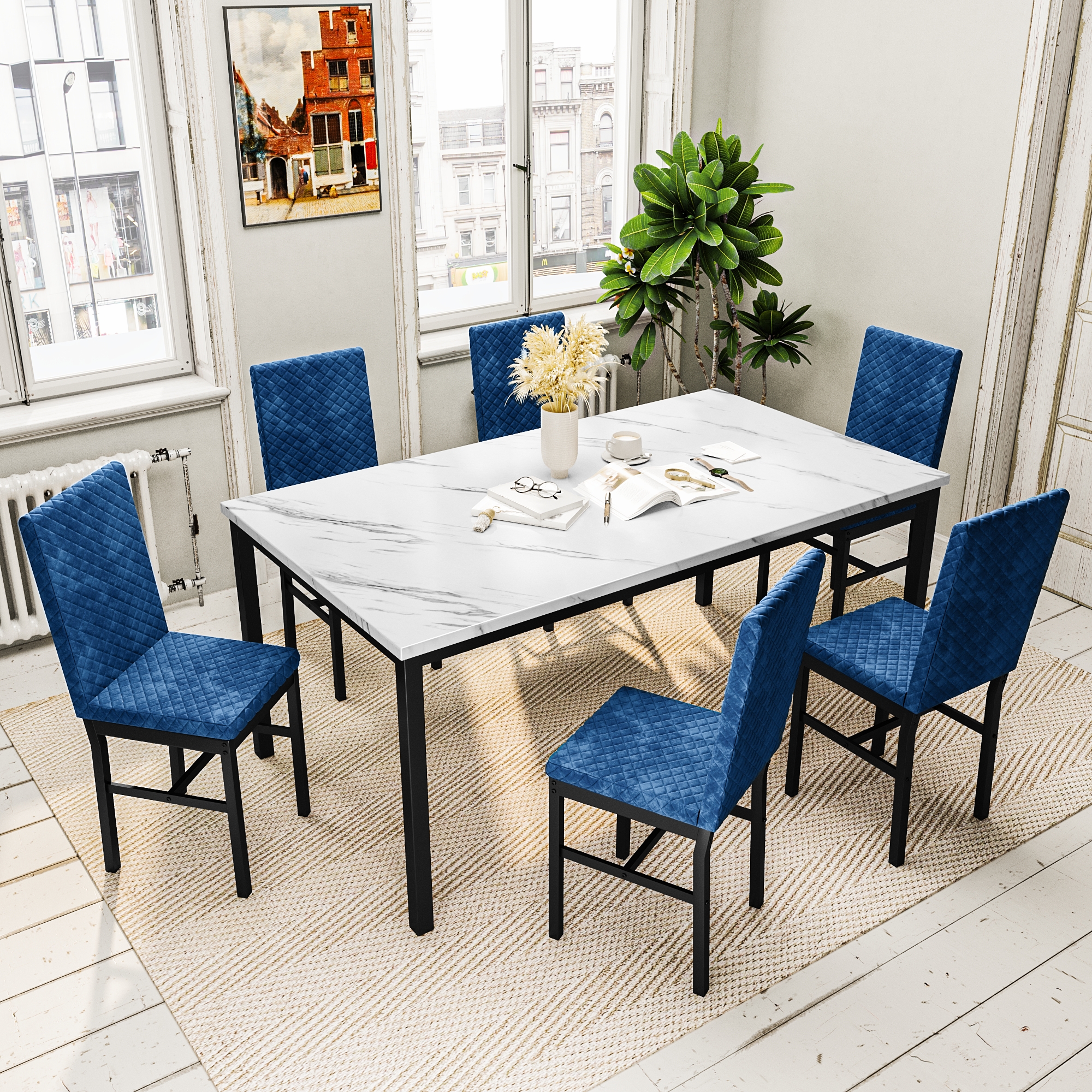 Recaceik Modern 7 Piece Dining Room Faux Marble Velvet Chairs Sets for 6, Blue