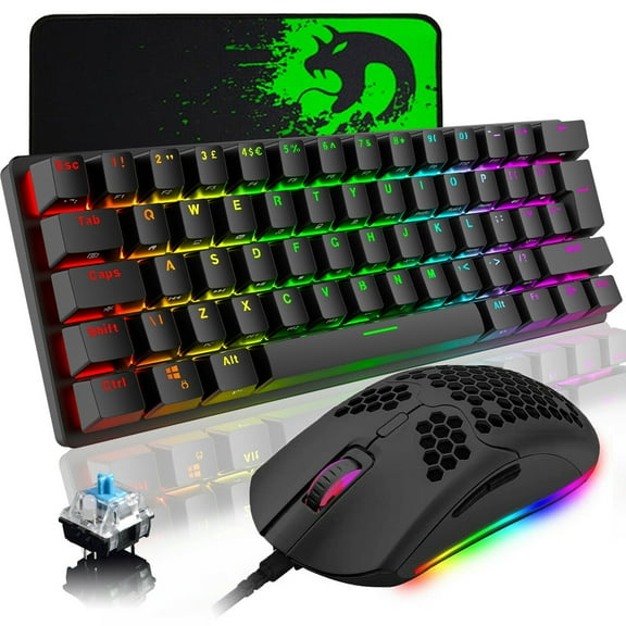 Lexontech UK Layout 60% Mechanical Keyboard 62 Keys Blue Switch Wired USB C 14 RGB Backlit Gaming Keyboard + 6400DPI Ultra-Light Honeycomb Mouse + Large Mouse Pad, Compatible With PS4,Xbox,PC - Black