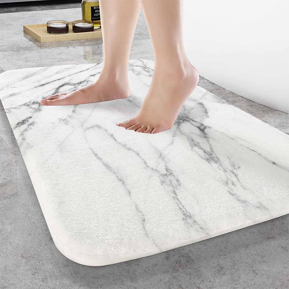 Marble Bath Mat for Bathroom Abstract White Gray Marble Texture Bath Rugs Door Mat Non Slip Rubber Backed Bathroom Floor Mat for Bathtub Sink Shower 20"X32"