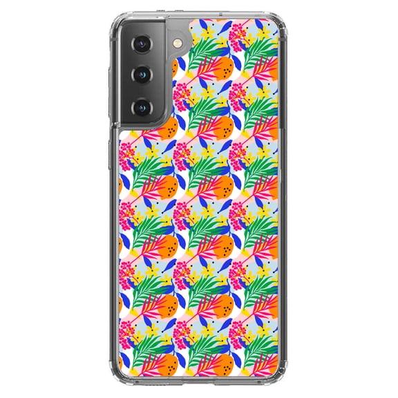 DistinctInk Clear Shockproof Hybrid Case for Galaxy S21 5G (6.2" Screen) - TPU Bumper, Acrylic Back, Tempered Glass Screen Protector - Summer Vibes Floral Pattern Pink Green Orange