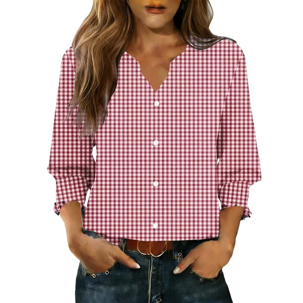 Camisas de Cuello de la Tripulación de Manga Corta para las Mujeres Cárdigan de Cuello en V 3/4 Cuarto de Manga de la Chaqueta Botón Arriba, Cuello de la Tripulación de Manga Larga No Incluido