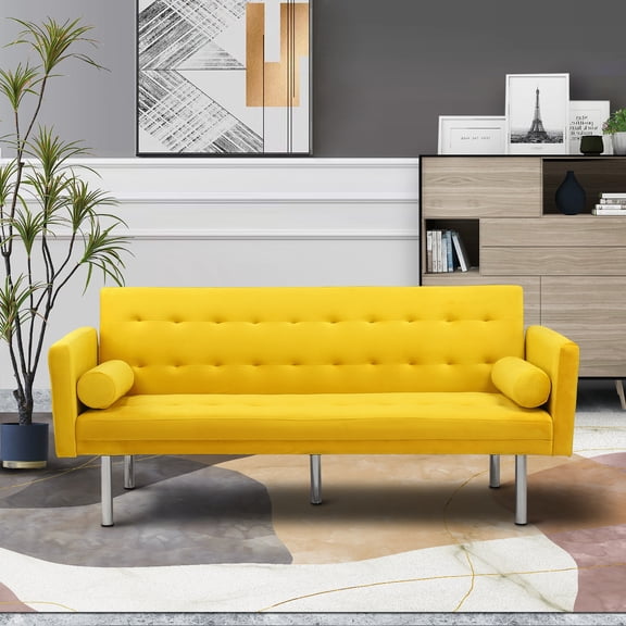 DEALTOPS Velvet Futon Sofa Bed Upholstered Convertible Sofa Couch, Recliner Modern Tufted Back Couch Lounge for Living Room - Yellow