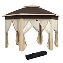13x13 Pop Up Gazebo Hexagonal Canopy with Mesh Sidewalls, Outdoor Patio Tent for Wedding, Parties, Camping, Beige