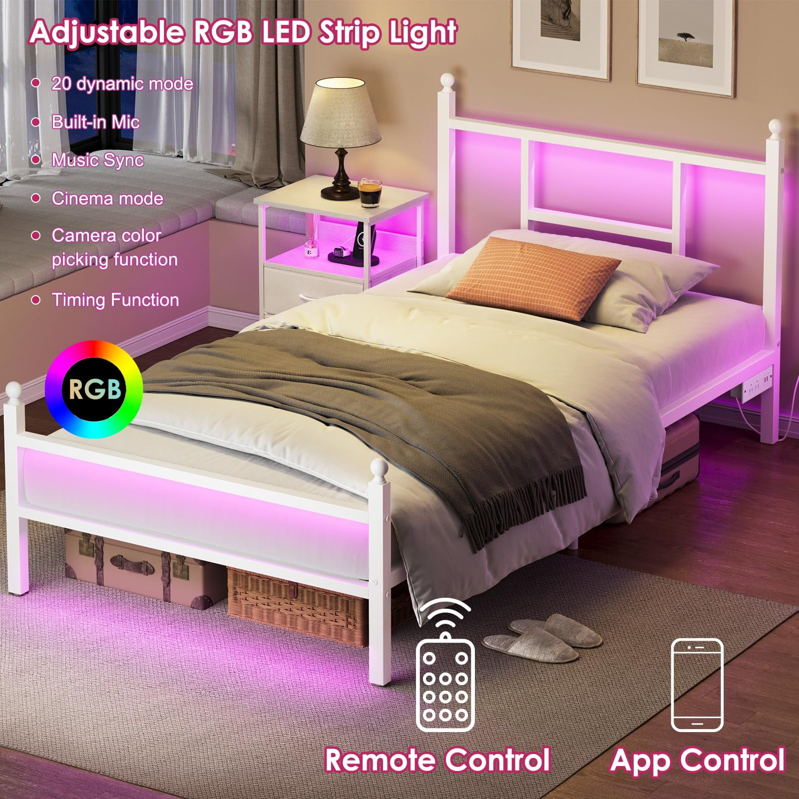 Fairy Twin Bed Frame with Charging Station, Metal Platform Bed with LED Lights, White
