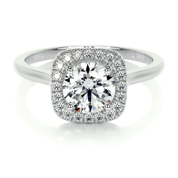 Edge Jewel Wedding Jewelry - 14K White Gold Plated Ring - 1.9 Ct Round Brilliant Cut Diamond Ring for Women - Engagement Band for Her - Halo Setting Style Ring