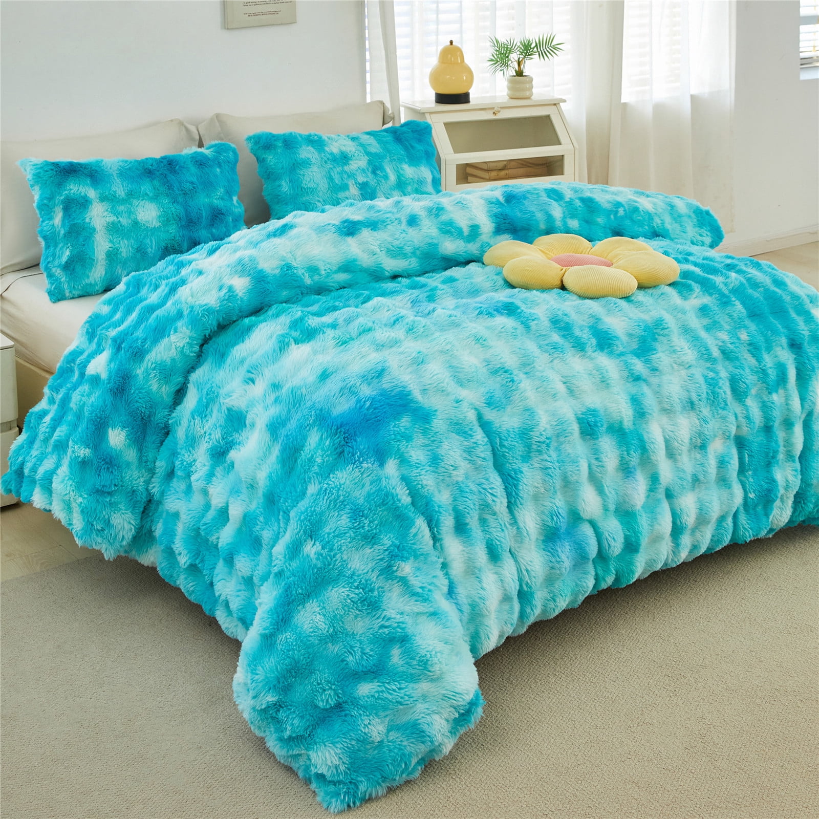 RYNGHIPY Fuzzy Comforter Set for Girls Queen 3pcs Faux Fur Bedding Set Tie Dye Teal Plush Bed Comforter Set Winter Bubble Bedding with Pi1lowcases