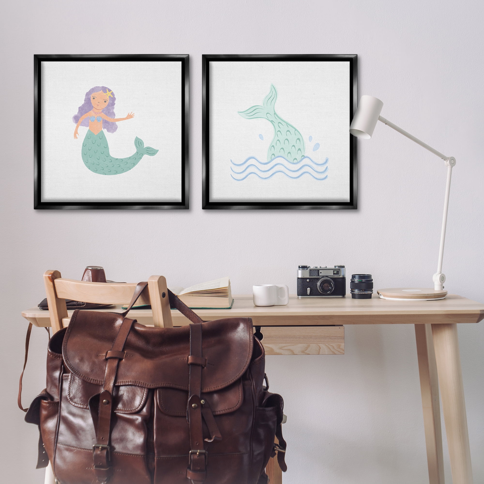 Stupell Industries Ocean Mermaid Splash Fantasy & Sci-Fi Painting Black Floater Framed Canvas Art Print Wall Art, 25 x 25, Set of 2