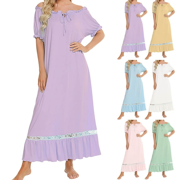 QNANSPI Womens Nightgowns, Casual Sleepwear for Women, Women's Plain Color Patchwork Rayon Round Neck Short Sleeve Nightdress Long Sleep Dress