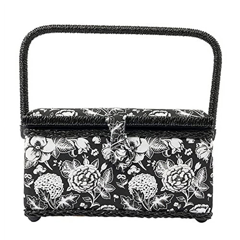 SINGER Sewing Basket with Notions Storage, Black and White Floral Print