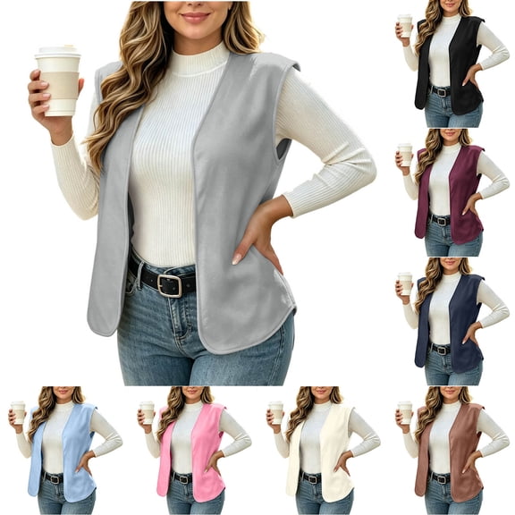 Women's Cozy Fleece Sleeveless Vest V Neck Open Front Loose Fit Plush Waistcoat Casual Fall Winter Warm Layering Gilet Outerwear Wine