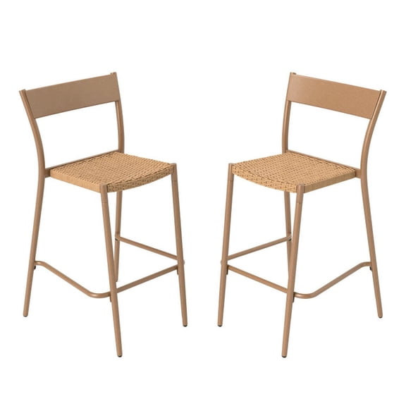 Barara King Patio Dining Chair,Outdoor Dining Room Chair,Patio Barstools Set of 2 with Rattan Seat and Metal Backrest-Light Brown