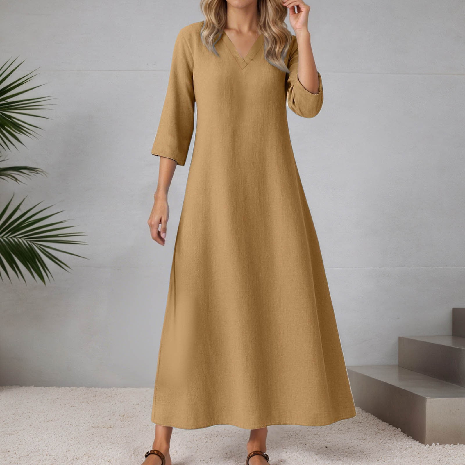 LIIPEE Women Dresses Solid Color Loose 3/4 Sleeve V Neck A-Line Midi Sundress Woman Elegant Indoor Outdoor Wear Dress,Khaki,L