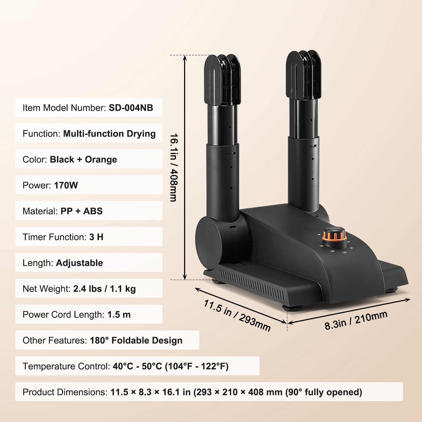 KFFKFF 180° Folding Dual-Tube Footwear Dryer, Compact Design with Timing Function, Equipped with Heating Blower & PP(V0 Flame Retardant) Material, Leather & Canvas Footwear, Socks - Black & Orange