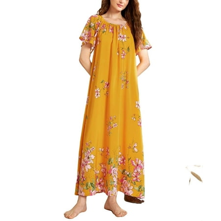

Women s Nightgowns & Sleepshirts Mustard Yellow Elegant Floral Round Neck Nightgowns Short Sleeve
