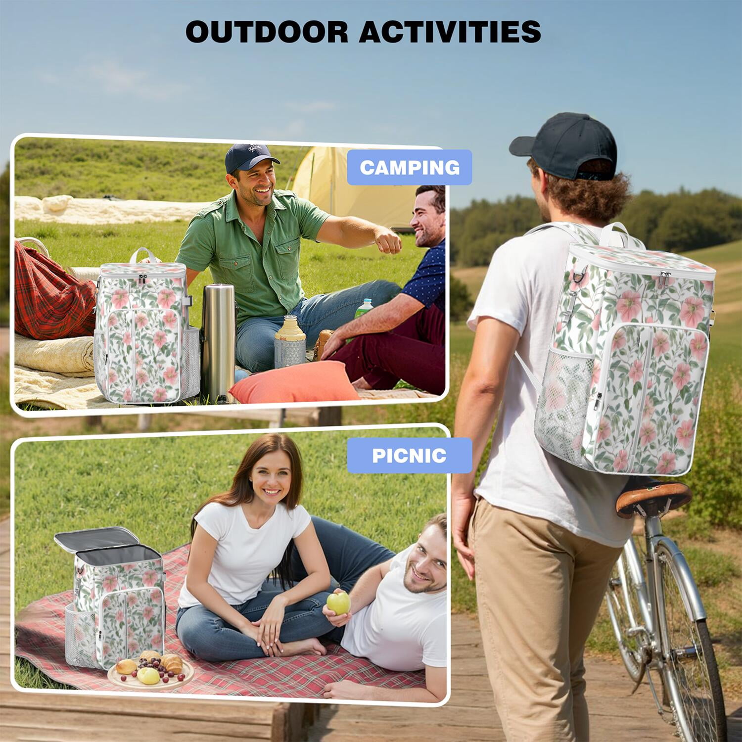Travel Cooler Bag - Pioneer Flower Floral Print Pattern Camping Beer Cooler Backpack with Bottle Opener- Waterproof Insulated Picnic Backpacks - Cooler Bag for Beach