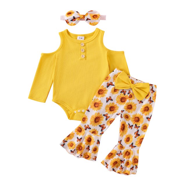 FOCUSNORM Baby Girl Fall Outfit Ribbed Cold Shoulder Long Sleeve Romper with Floral Pattern Flare Pants and Headband 3 Pcs Set