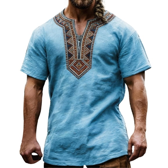 Medieval Viking T-Shirt for Men Ethnic Printed Summer Boho Short Tee Retro V Neck Cotton Linen Beach Hippie Shirt