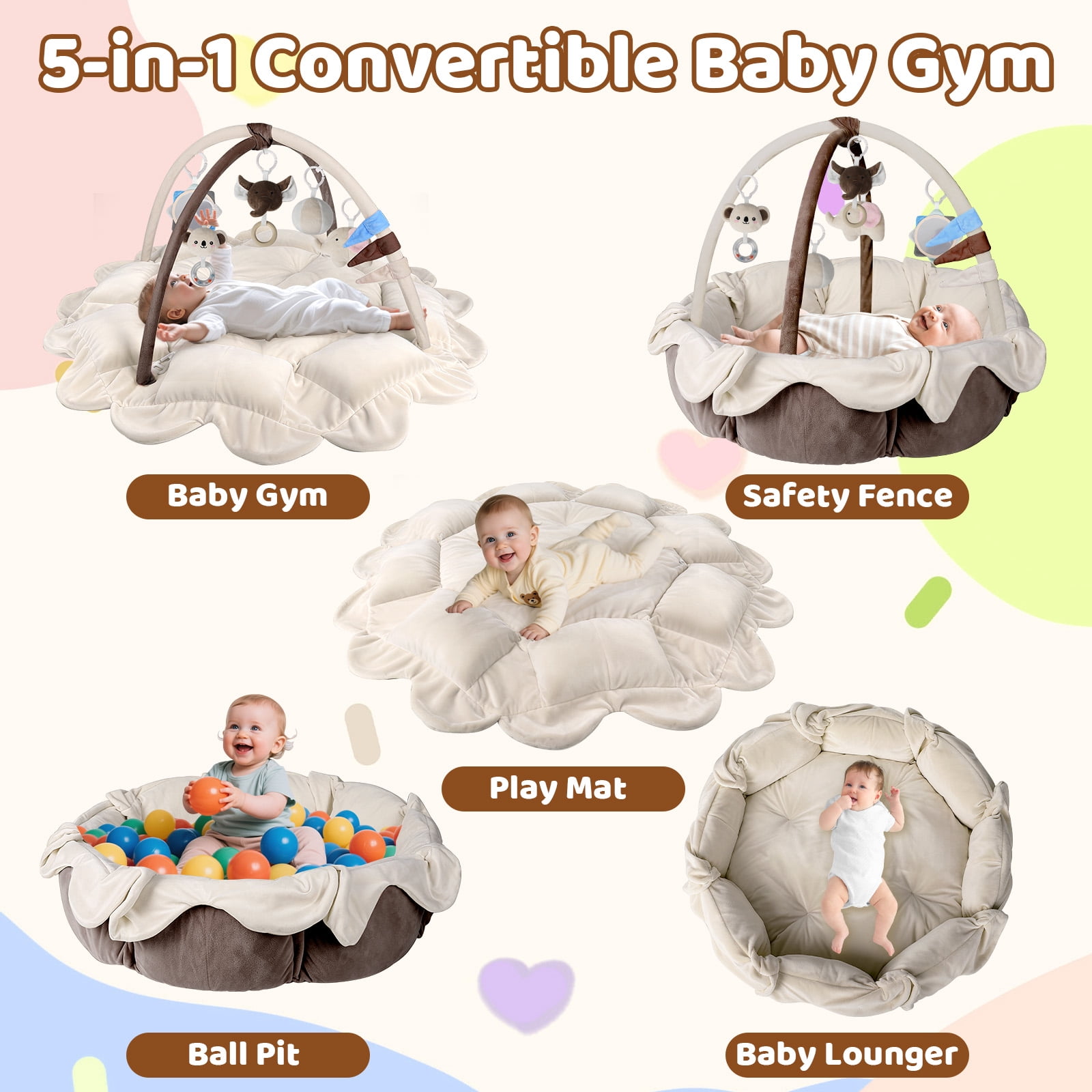 OMZER 5-in-1 Multifunctional Baby Play Gym, Washable Activity Mat with Sensory Toys, Non-Slip Baby Playmat, Beige