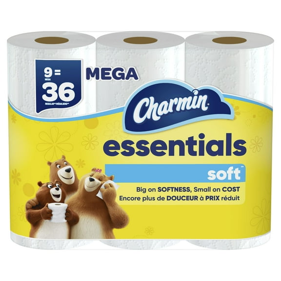 Charmin Essentials Soft Toilet Paper, 9 AIS1 Mega Rolls = 36 Regular Rolls
