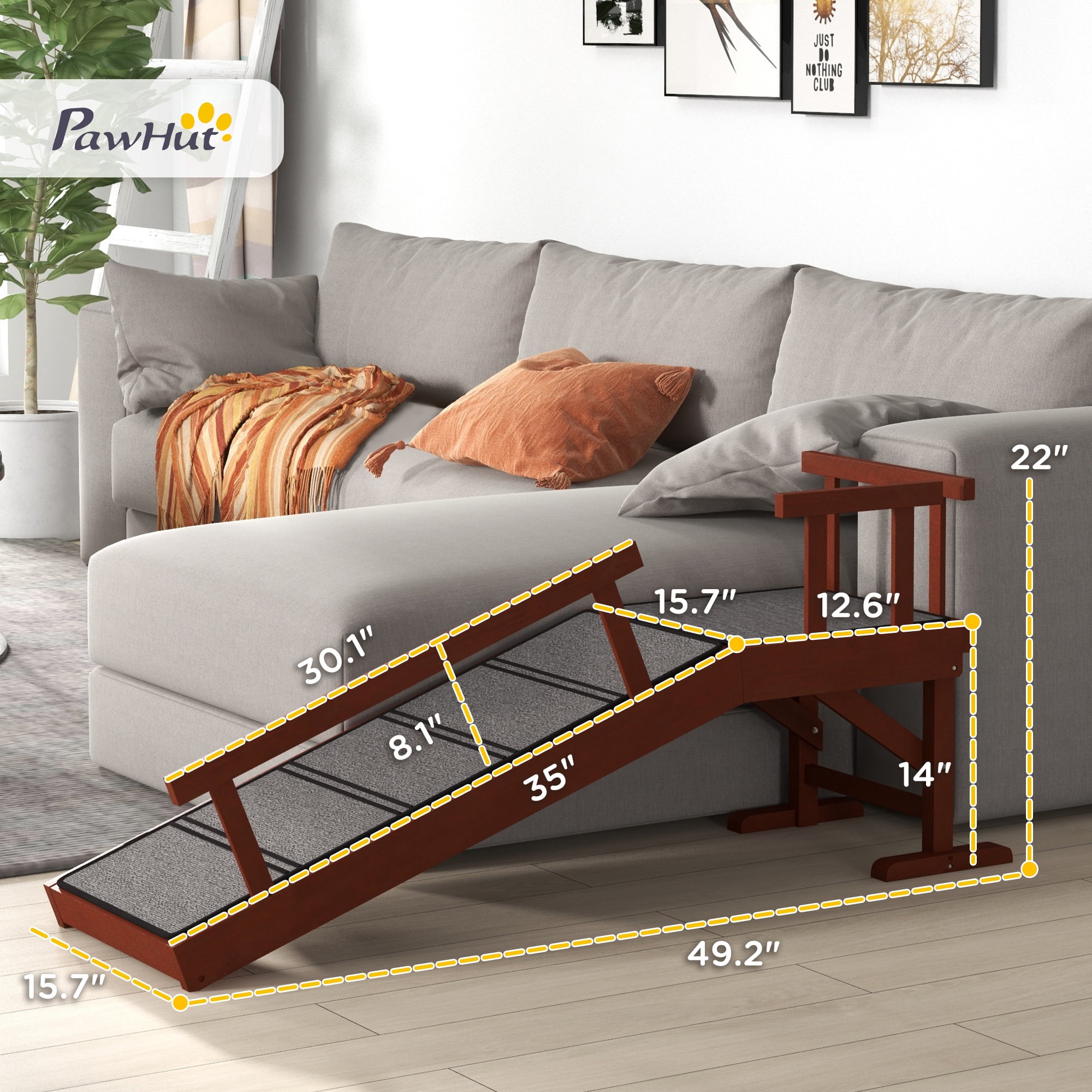 Dog Ramp, Dog Stairs for Small, Medium & Large Dogs, Pet Ramp for Bed or Couch with Removable Guardrails, Non-Slip Surface, 49" Long, Brown