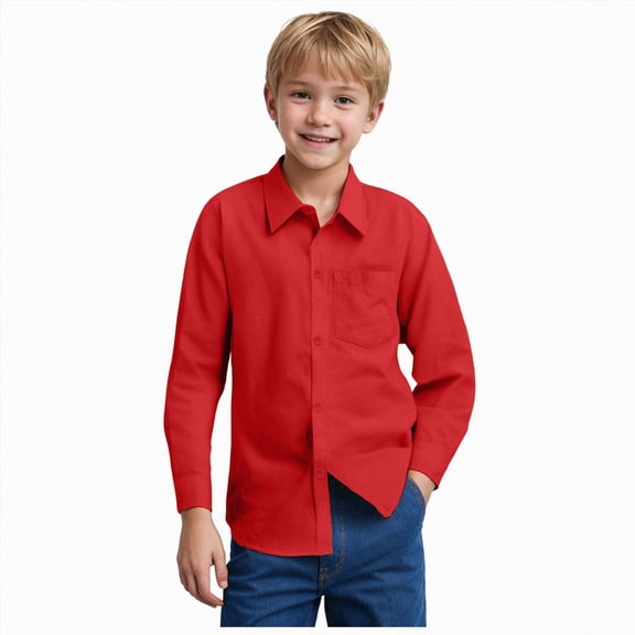 Xyant Boys' Long Sleeve Dress Shirt Solid Button Down Uniform Shirts (Red,5-6 Years)