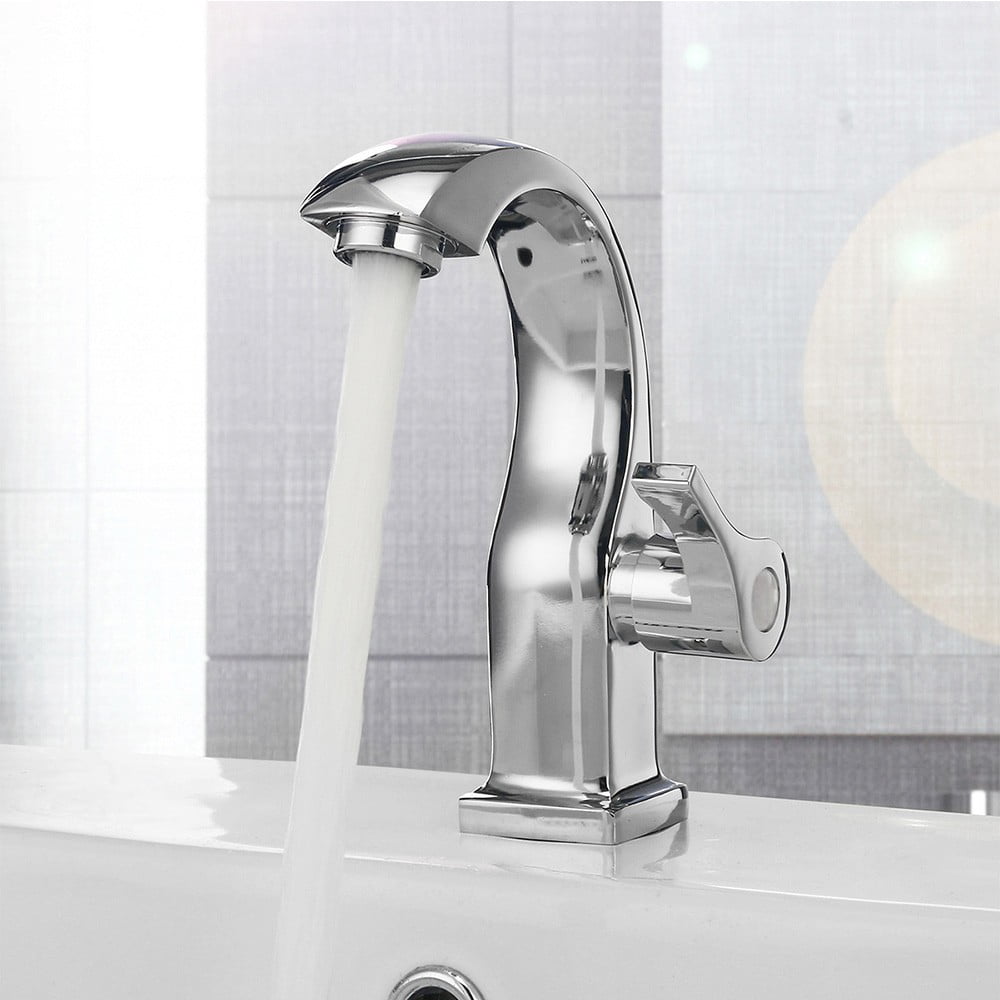 Wuweikeji Chrome Bathroom Basin Faucet, Single Handle Cold Water Tap, Copper Alloy Sink Spout, High-Arc Neck Design, Water-Saving Bubbler, 6.9\" Height, Fits 0.87-1.26\" Hole, Silver