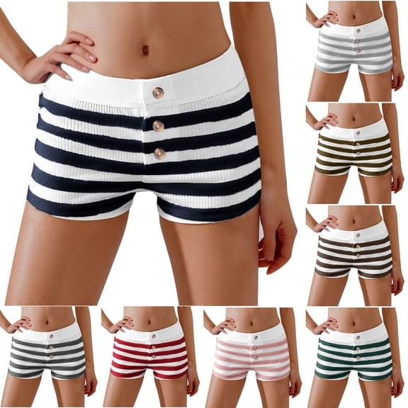 BiZtdJrK Striped Shorts for Women Colorblock Button Front Elastic Low Waist Shorts Comfy Slim Fit Pajama Shorts Wine L