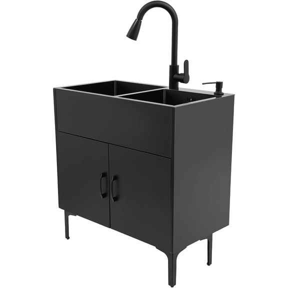 29.5-Inch Black Freestanding Double Basin Kitchen Sink Cabinet with Pull-Down Faucet and Soap Dispenser, Commercial Utility Sink