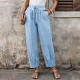 thumbnail image 6 of Miluxas Elastic Waistband Wide Leg Pants for Women Solid Loose Fit Tapered Trousers with Pockets Streetwear & Beachwear Light Blue, 6 of 9