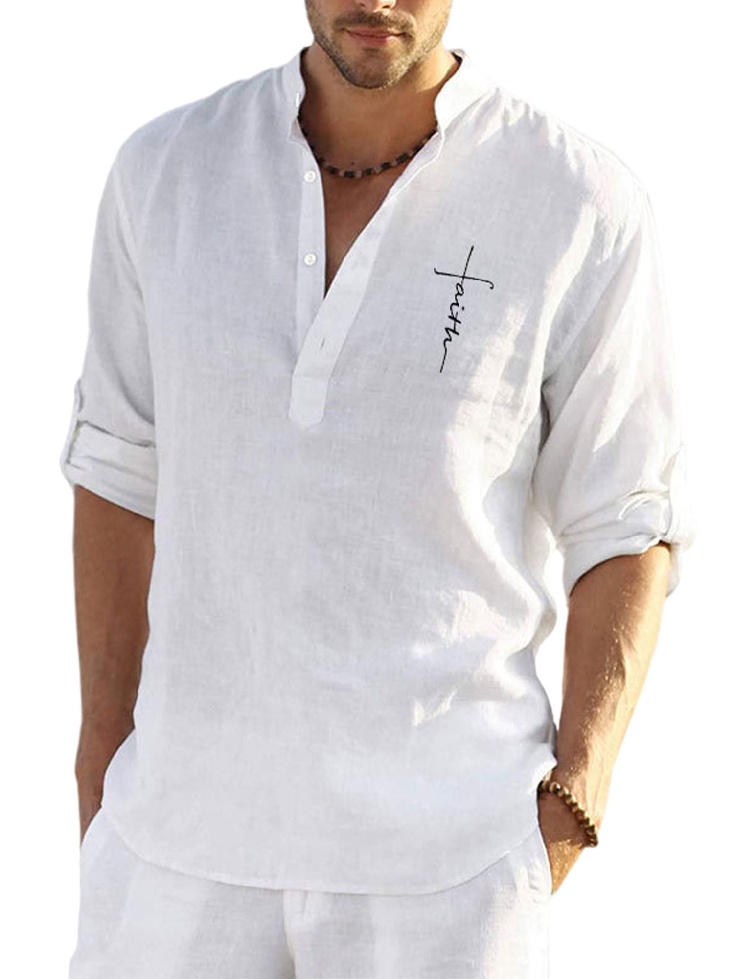 Generic Mens Casual Long Sleeve Cotton Linen Henley T Shirt V Neck Hippie Shirts Top
