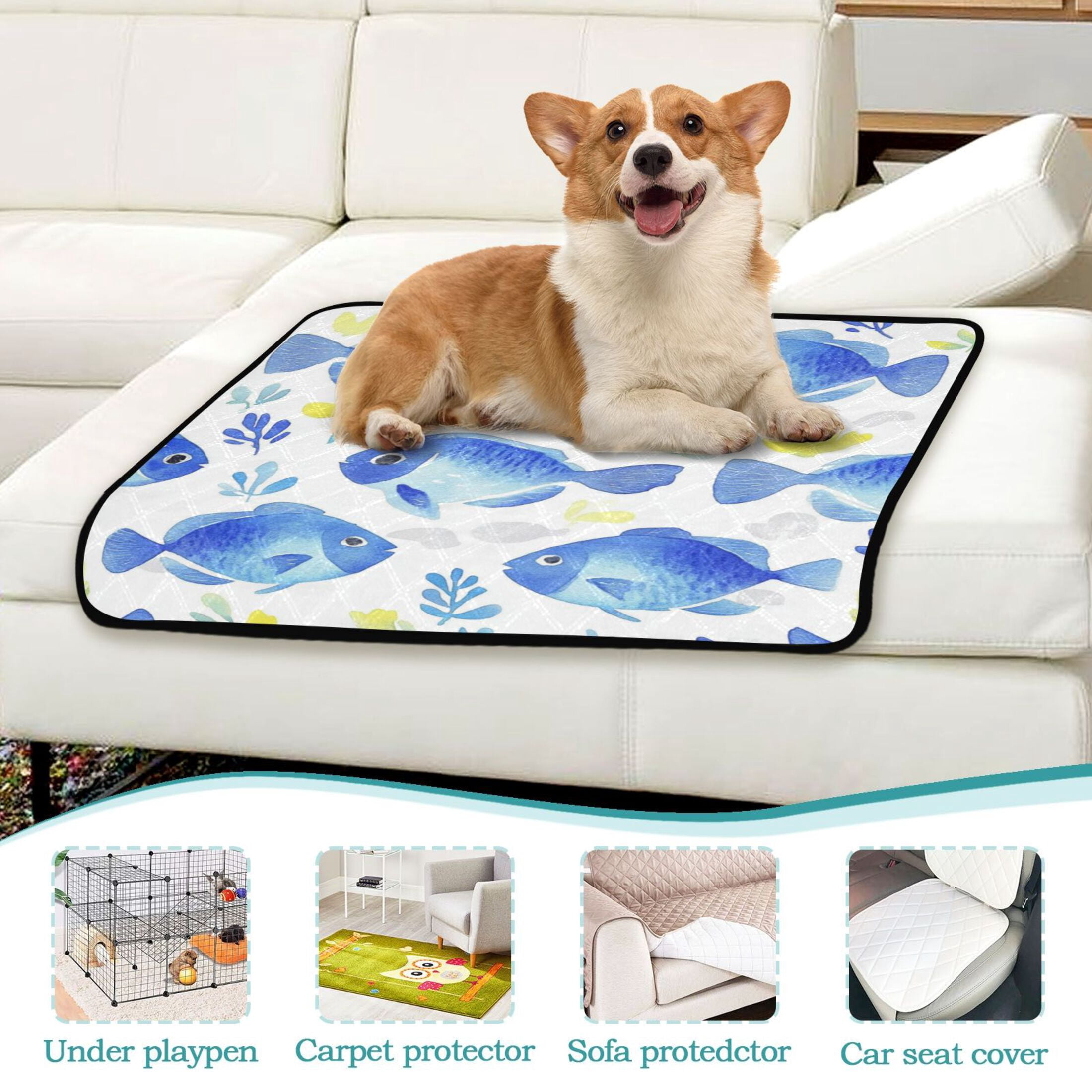 Washable Pet Pee Pads with Super Absorbent Reusable Training Pads for Dogs & Cats Watercolor Blue Fish