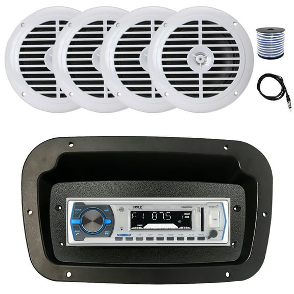 Pyle PLMRB29W Single DIN Bluetooth Marine MP3 Stereo Receiver, Spa bezel, Adapter Plate, 22" Radio Antenna, Wire, 4x 6.5" 120 Watt Peak Full Range Dual Cone Waterproof Stereo Speakers (White)