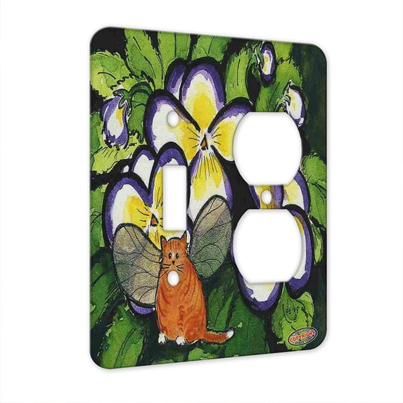 KuzmarK™ 2 Gang Single Toggle / Single Duplex Wall Plate - Tiny Ginger Kitty Fairy with Pansies Fantasy Fairy Cat Art by Denise Every