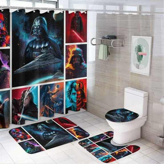 4 Pcs Shower Curtain Set Darth Vader Shower Curtain with 12 Hooks, Non-Slip Rugs,Toilet Lid Cover And Bath Mat for Bathroom Decor