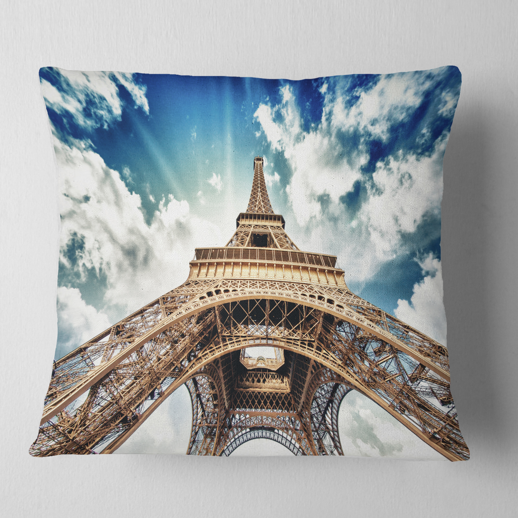 Designart Paris Eiffel Towerwith Fast Moving Clouds - Photography Throw Pillow - 18x18