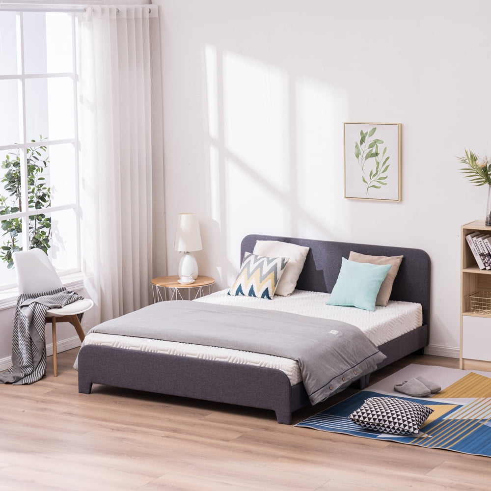 Full Bed Frame with Headboard, Modern Upholstered Linen Platform Bed